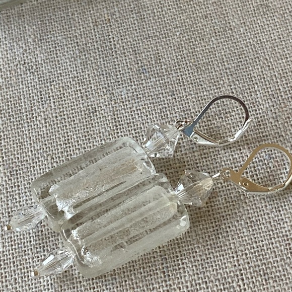 Clear & Silver Lined Lampwork Glass Rectangle Drop Earrings Swarovski & Sterling - Picture 3 of 6